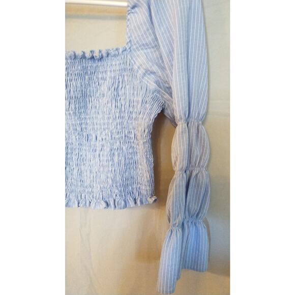 Storia Women's Blue Striped Stretch Crop Top w/Puff & Stretch Sleeves Size S - Picture 5 of 8